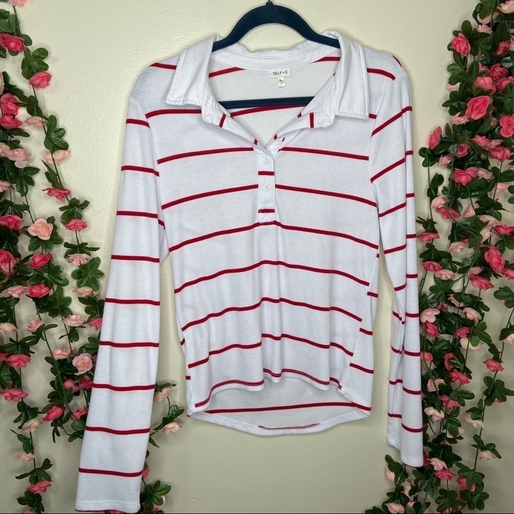 Selfie White Red Striped Polo Blouse Womens XL Ribbed Basic Casual